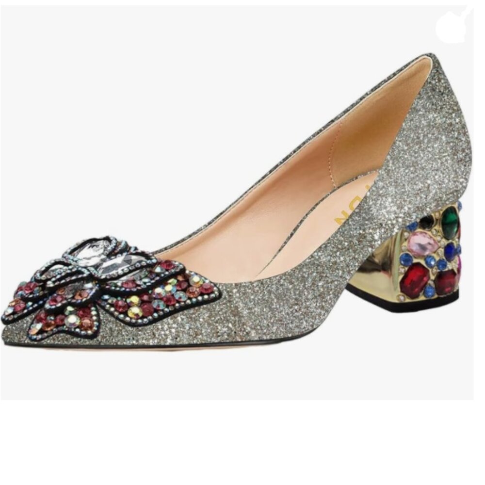 YDN Glitter Pointed Toe Bow Colorful Rhinestone Block Low Heel Butterfly Pumps